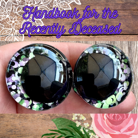 Handpainted kawaii offset safety eyes in Handbook for the Recently Deceased colorway for crochet plushies