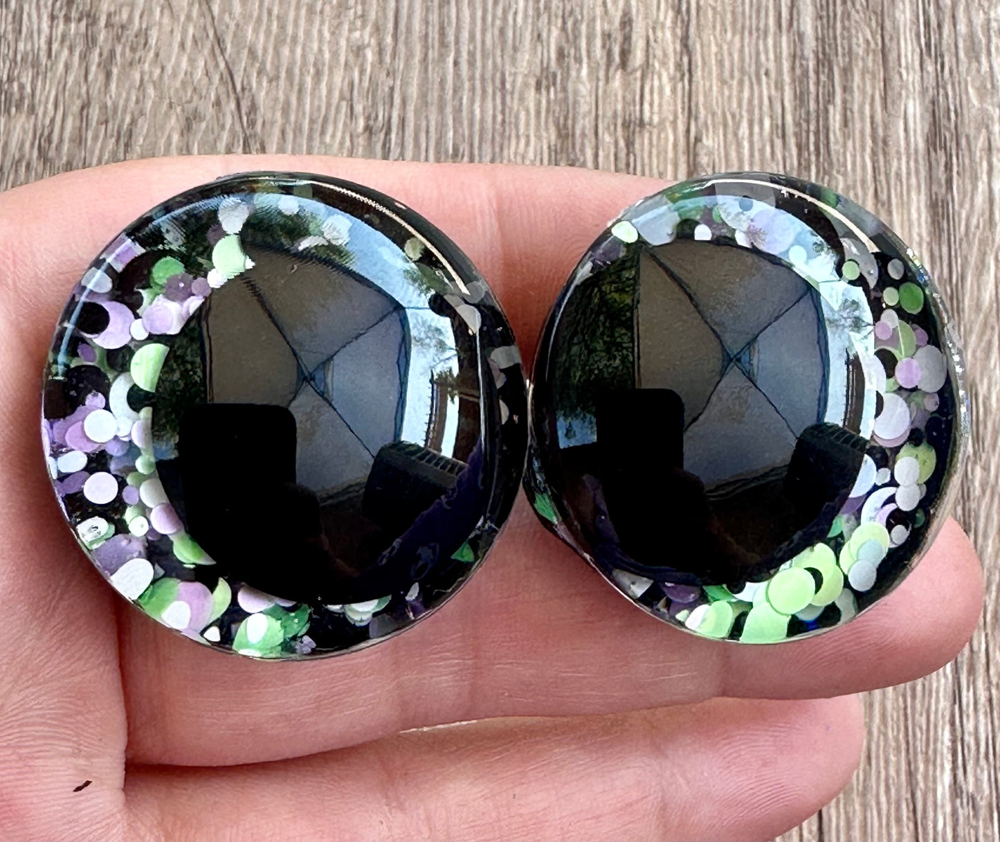 Handpainted kawaii offset safety eyes in Handbook for the Recently Deceased colorway for crochet plushies