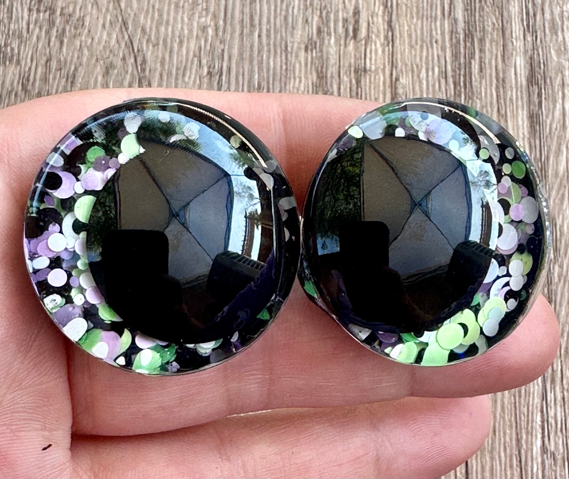 Handpainted kawaii offset safety eyes in Handbook for the Recently Deceased colorway for crochet plushies