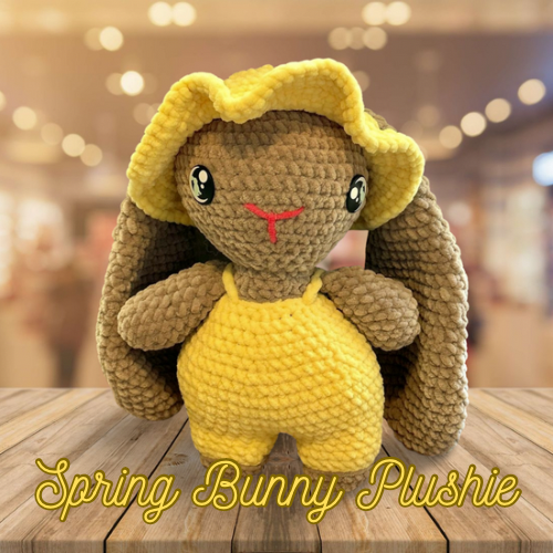 Handmade crochet spring bunny plush with removable overalls and hat