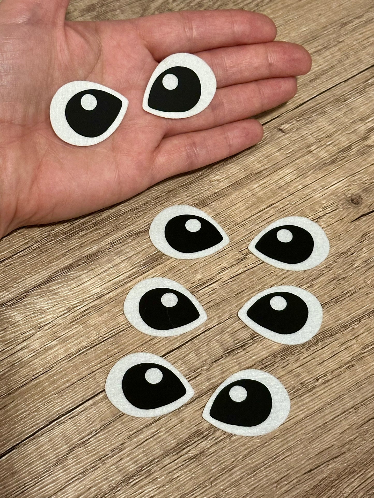 Close up of blue Stitch inspired felt eyes made from layered felt