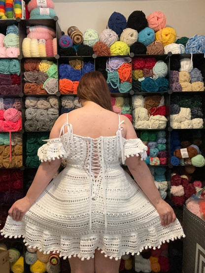 Ready to Ship Handmade Crochet Short Wedding Dress, crochet wedding dress, corset dress with sleeve, boho style, large size, adjustable size